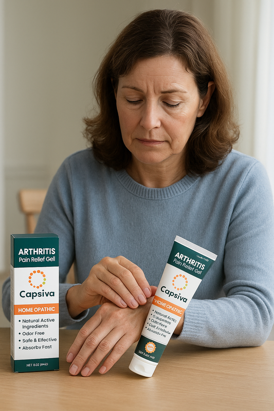 Middle-aged woman sitting at a table applying Capsiva Arthritis Pain Relief Gel to her hand, with a box of Capsiva beside her, symbolizing natural relief for joint stiffness and arthritis discomfort.