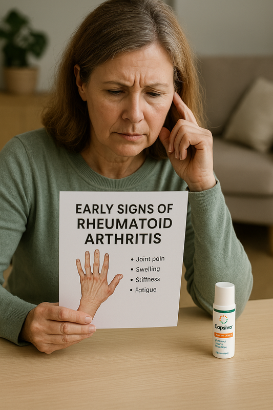 Middle-aged woman reading a pamphlet titled “Early Signs of Rheumatoid Arthritis” while sitting at a table with a bottle of Capsiva Arthritis Pain Relief Gel beside her, symbolizing awareness and natural pain relief for joint stiffness and swelling.