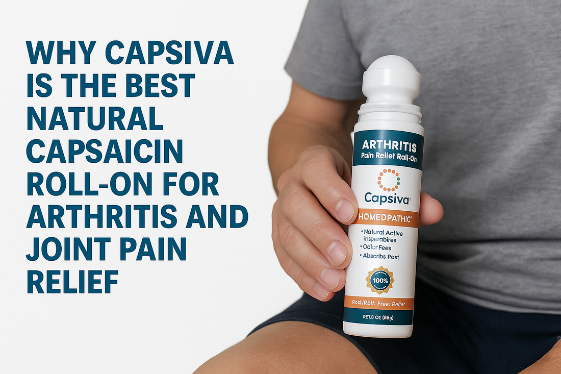 Close-up image of a person holding a Capsiva Arthritis Pain Relief Roll-On bottle, emphasizing its natural, homeopathic capsaicin-based formula for joint and arthritis pain relief.