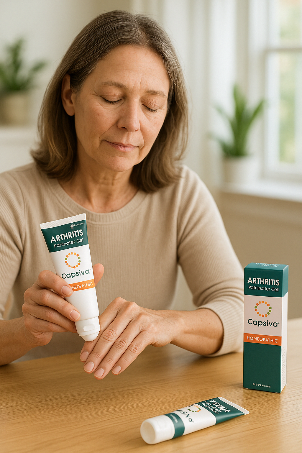 Middle-aged woman sitting at a wooden table applying Capsiva natural homeopathic pain relief cream to her hands, with a Capsiva box and tube visible nearby in a softly lit home setting.