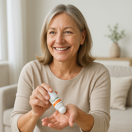 Middle-aged woman smiling in a bright home setting after using Capsiva arthritis pain relief roll-on on her hands, symbolizing real natural pain relief results.
