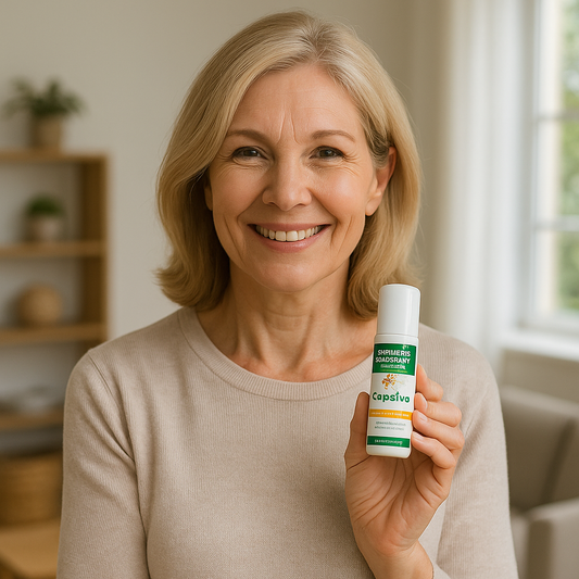 Middle-aged woman holding Capsiva arthritis pain relief roll-on in her living room, symbolizing a natural alternative to traditional pain creams.