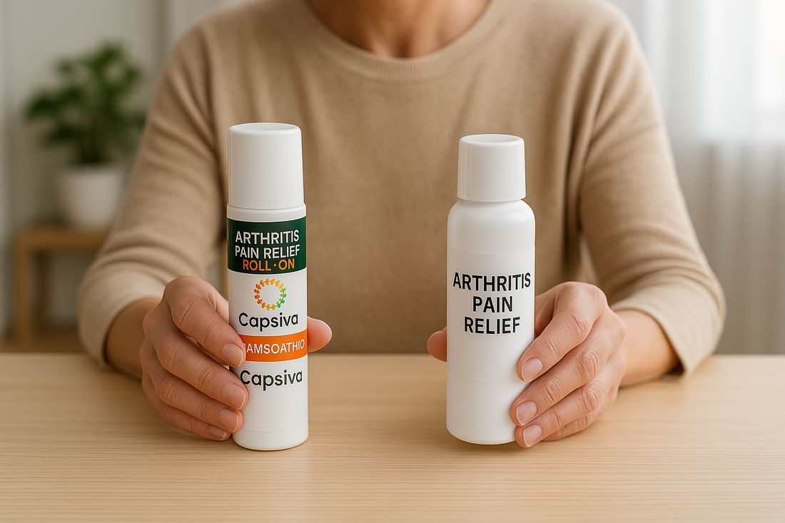 Person comparing a bottle of Capsiva with another arthritis pain relief product on a table, symbolizing cross-shopping for the best natural pain relief cream.