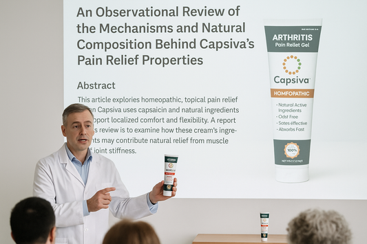 Scientist in a white lab coat presenting to an audience about Capsiva Arthritis Pain Relief Gel, with a projected slide showing product details and an overview of its natural homeopathic formulation.