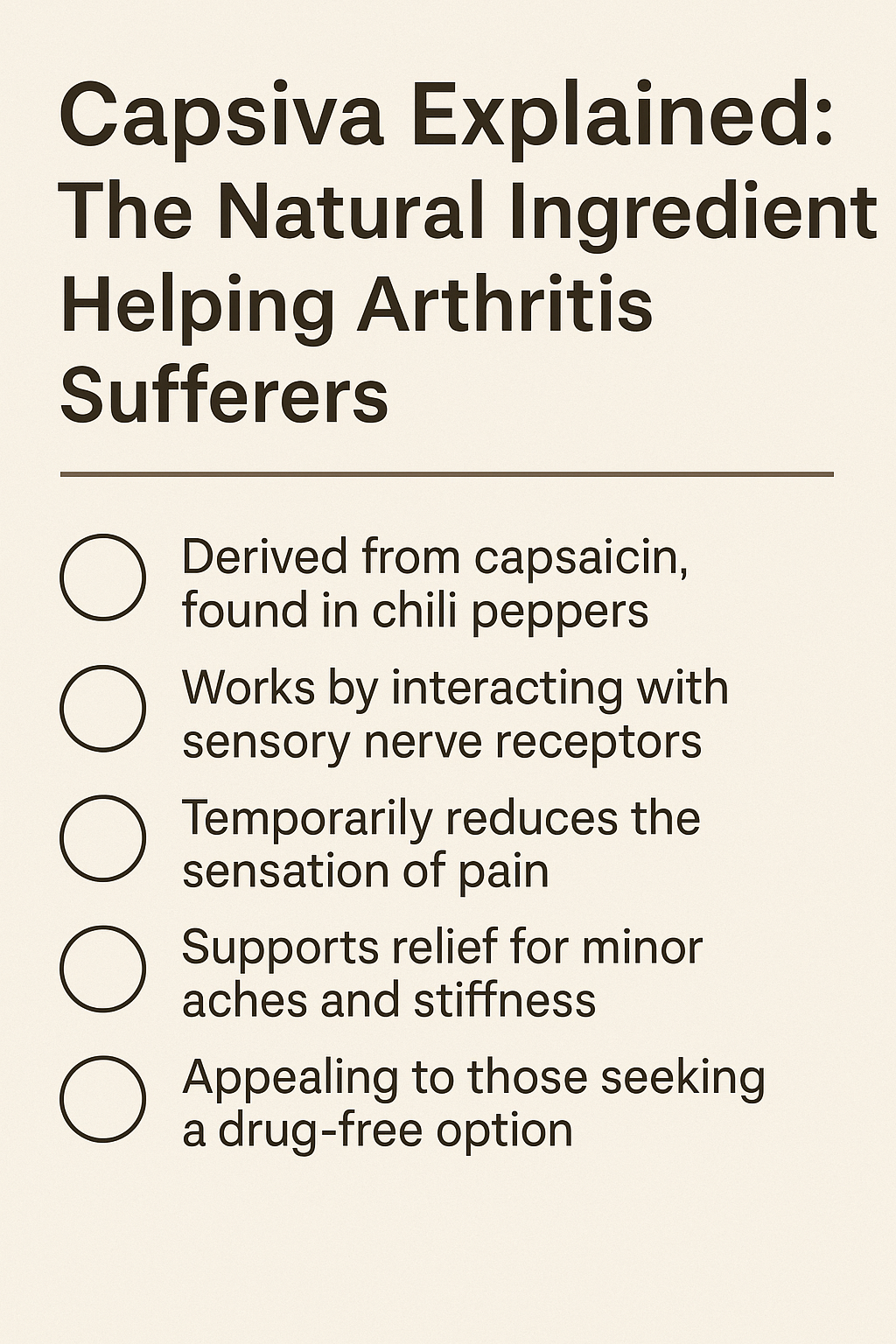 Infographic listing the natural benefits of Capsiva, including pain reduction through capsaicin, sensory interaction, and drug-free joint support.