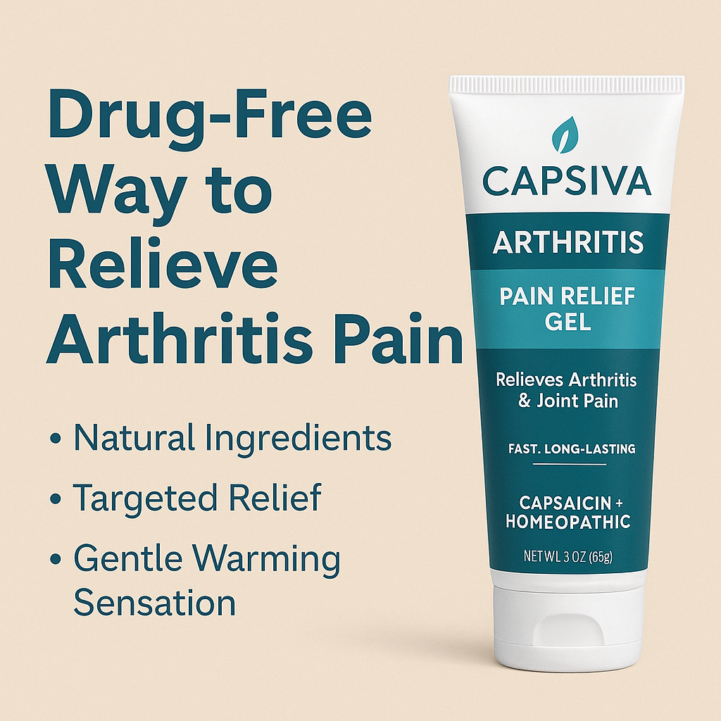 Digital ad showing Capsiva Arthritis Pain Relief Gel tube with bullet points highlighting natural ingredients, targeted relief, and warming sensation.