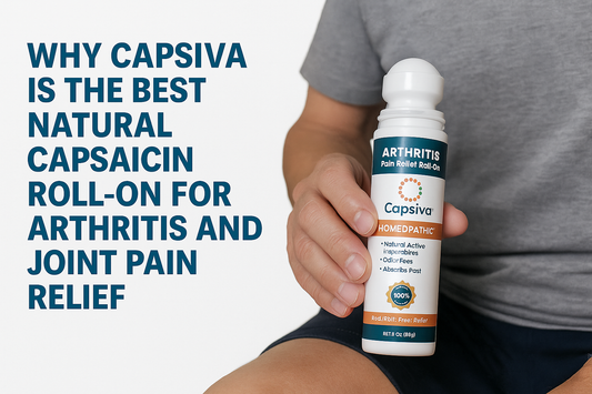 Close-up image of a person holding a Capsiva Arthritis Pain Relief Roll-On bottle, emphasizing its natural, homeopathic capsaicin-based formula for joint and arthritis pain relief.