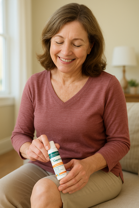 Middle-aged woman smiling in a bright home as she gently applies Capsiva cream to her knee, symbolizing real relief from rheumatoid arthritis and restored mobility.