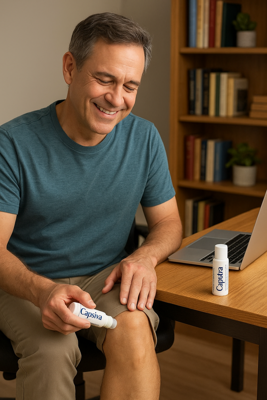 Smiling middle-aged person sitting at a home desk, gently applying Capsiva pain relief roll-on to their knee, symbolizing comfort, restored mobility, and natural joint pain relief.