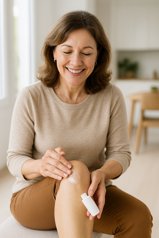 Smiling middle-aged woman sitting in a bright home, applying Capsiva cream to her knee, symbolizing safe and natural joint pain relief and lasting comfort.
