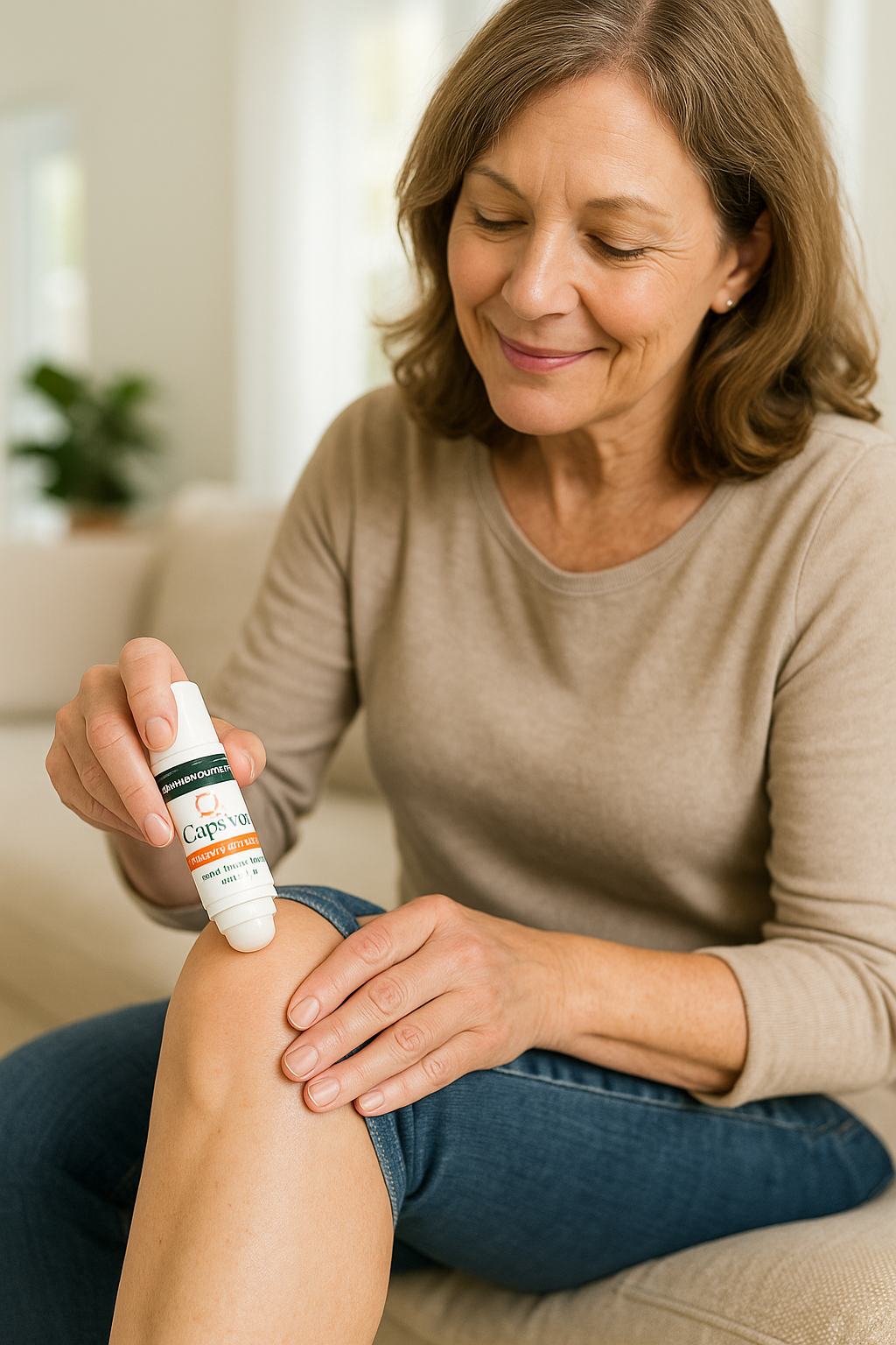 Middle-aged woman applying Capsiva homeopathic pain relief roll-on to her arthritic knee in a bright home setting, symbolizing natural joint pain relief.