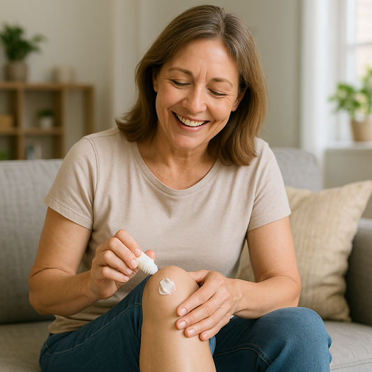 Smiling middle-aged woman applying Capsiva cream to her knee in a bright living room, symbolizing real customer satisfaction and natural joint pain relief.