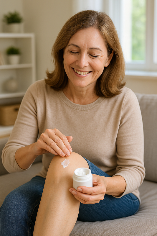 Smiling middle-aged woman sitting in her living room, applying Capsiva cream to her knee, representing real first-hand satisfaction with natural pain relief.
