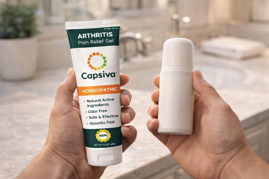 Person holding a Capsiva gel tube in a clean bathroom, comparing it to a plain unlabeled roll-on on the counter, warm light, no text overlays.