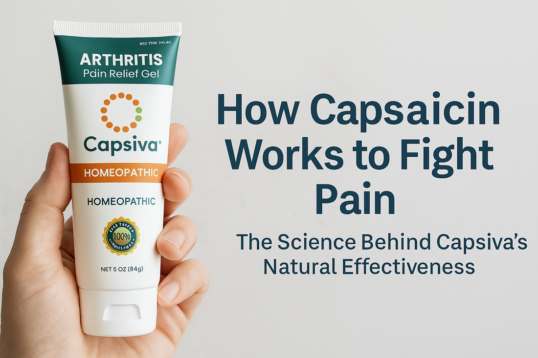 Close-up of a person holding a tube of Capsiva Arthritis Pain Relief Gel beside the text “How Capsaicin Works to Fight Pain,” symbolizing the science and natural effectiveness behind Capsiva’s formula.