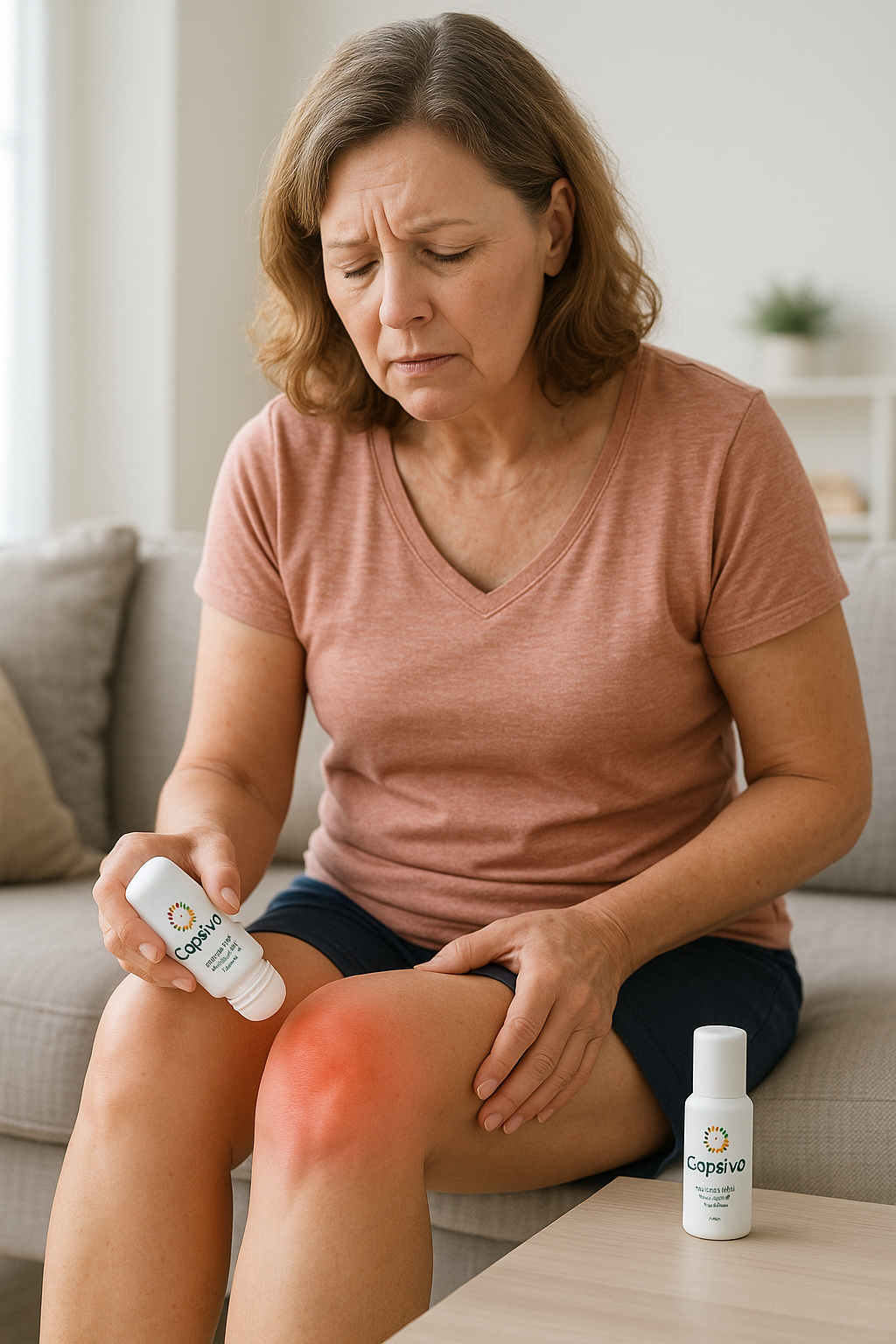 Middle-aged woman wearing shorts applying Capsiva roll-on to her red, inflamed knee while seated on a sofa in a bright living room, symbolizing natural arthritis pain relief and comfort.