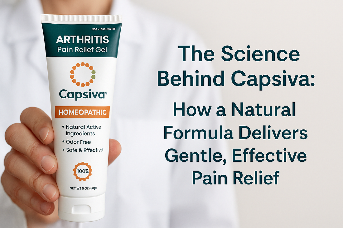 Close-up of a person in a white lab coat holding a tube of Capsiva Arthritis Pain Relief Gel with text beside it reading “The Science Behind Capsiva: How a Natural Formula Delivers Gentle, Effective Pain Relief.”